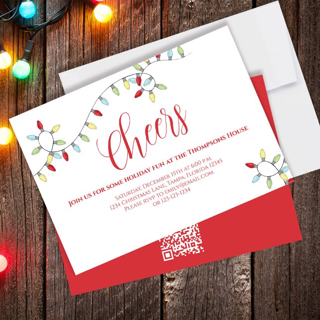 Invitation Noël Cheers Colorful String Lights QR Code (Christmas holiday party invitation with festive string of lights. )
