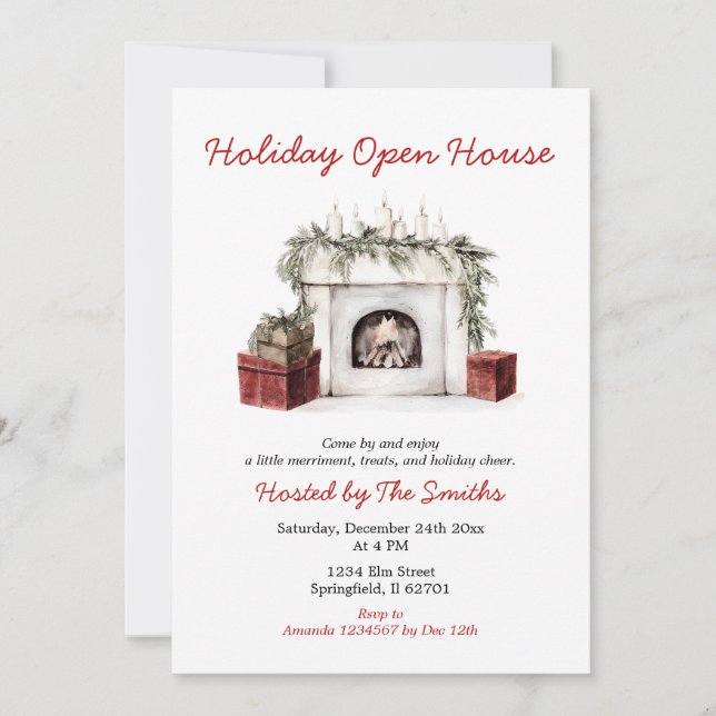 Invitation Noël Cheminée Fête Ouverte Maison Party de Noël Ro (Devant)