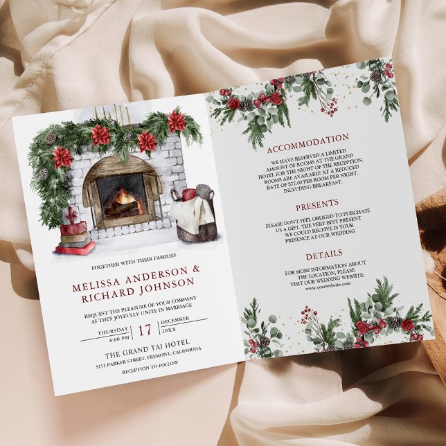 Invitation Noël Cheminée Poinsettia Code QR Mariage (Créateur téléchargé)