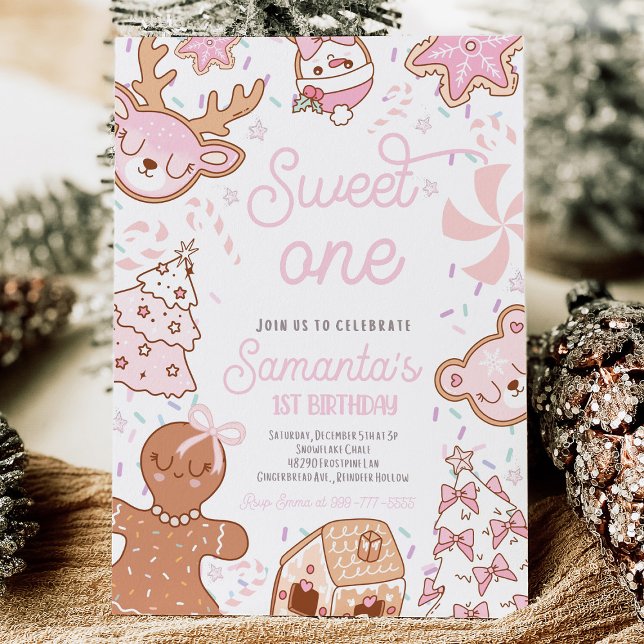 Invitation Noël Cookie Premier anniversaire (Christmas cookie first birthday invitation with gingerbread, holiday treats, and festive red and gre)