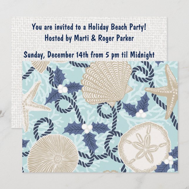 Invitation Noël Côtes Tropicales Coquilles de Mer - Bleu (Devant / Derrière)