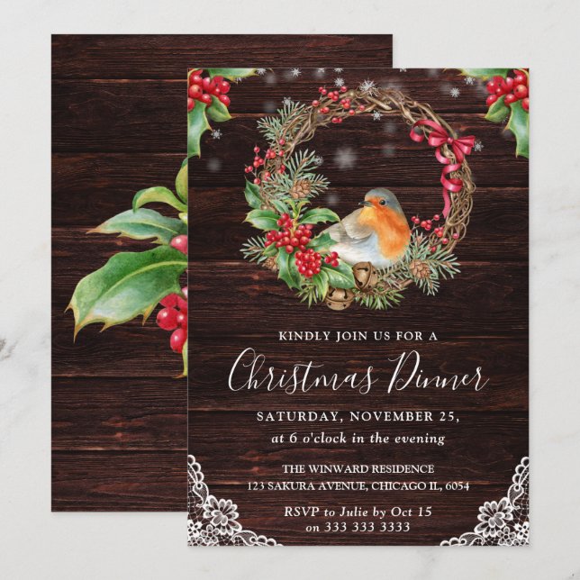 Invitation Noël Couronne de houx et Robin rustique (Devant / Derrière)