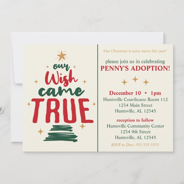 Invitation Noël de célébration d'adoption Notre vœu s'est réa (Devant)