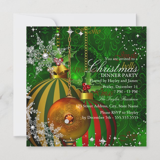 Invitation Noël de dîner de fête Rouge Vert Flocon de neige (Devant)
