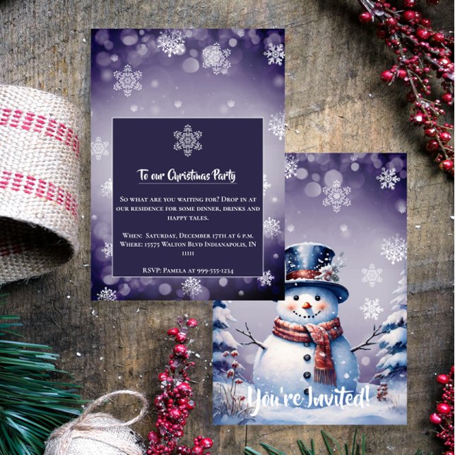Invitation Noël de la forêt d'hiver | Parti pourpre (Purple Winter Forest Snowman Christmas Party Invitation)