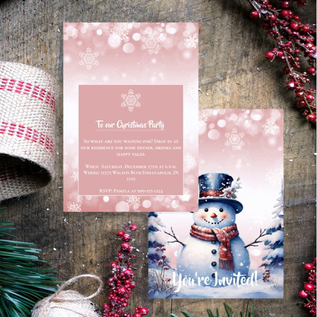 Invitation Noël de la forêt d'hiver | Parti rose (Pink Winter Forest Snowman Christmas Party Invitation)