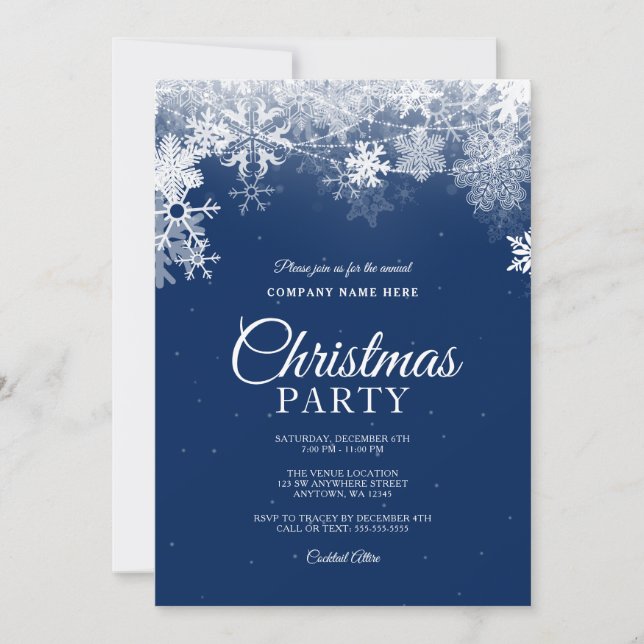 Invitation Noël d'entreprise flocon de neige bleu blanc éléga (Devant)