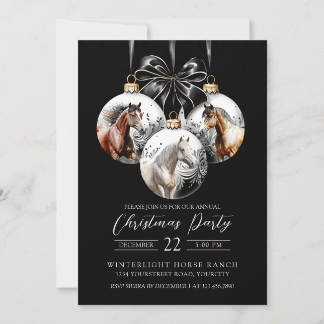 Invitation Noël des chevaux noirs et or (Devant)