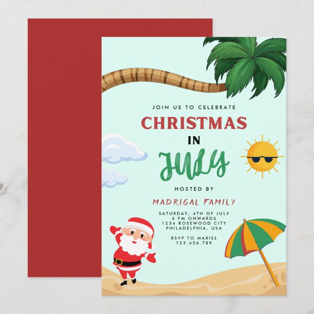 Invitation Noël d'été moderne à la fête de juillet (Devant / Derrière)