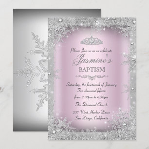 Invitation Noël d'hiver argenté Baptême rose
