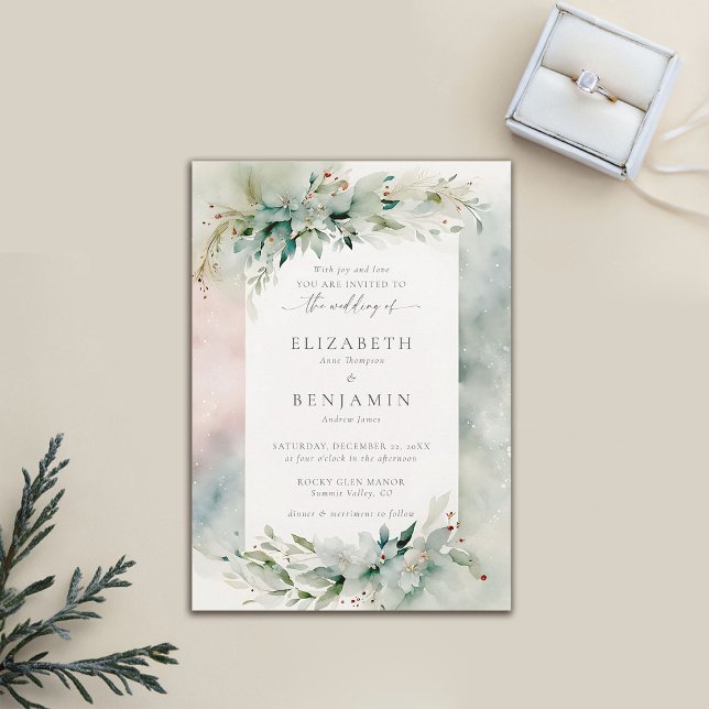 Invitation Noël d'hiver Dreamy Aquarelle Élégante Mariage (winter wedding invitation christmas dreamy watercolor greenery botanical frame elegant bohemian)