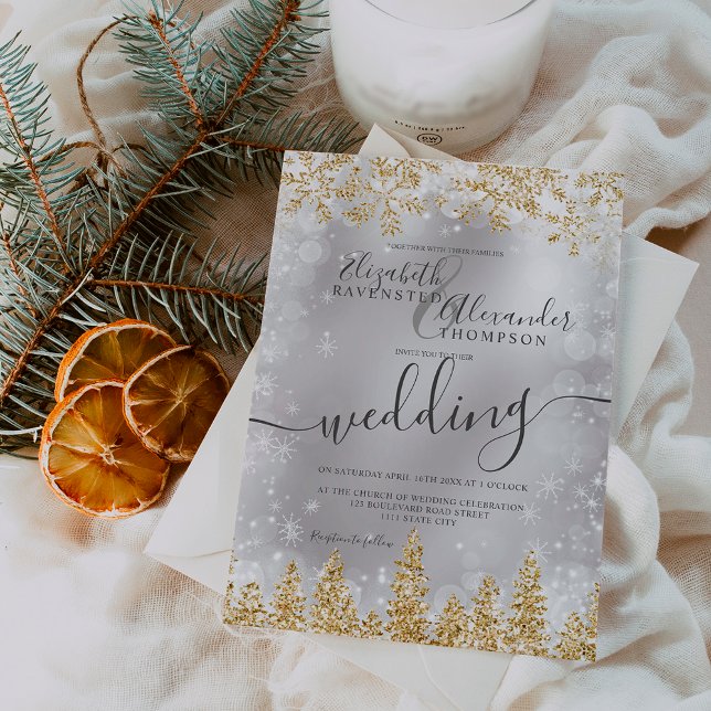 Invitation Noel d'hiver en argent (Gold silver snow pine Christmas winter wedding Invitation)