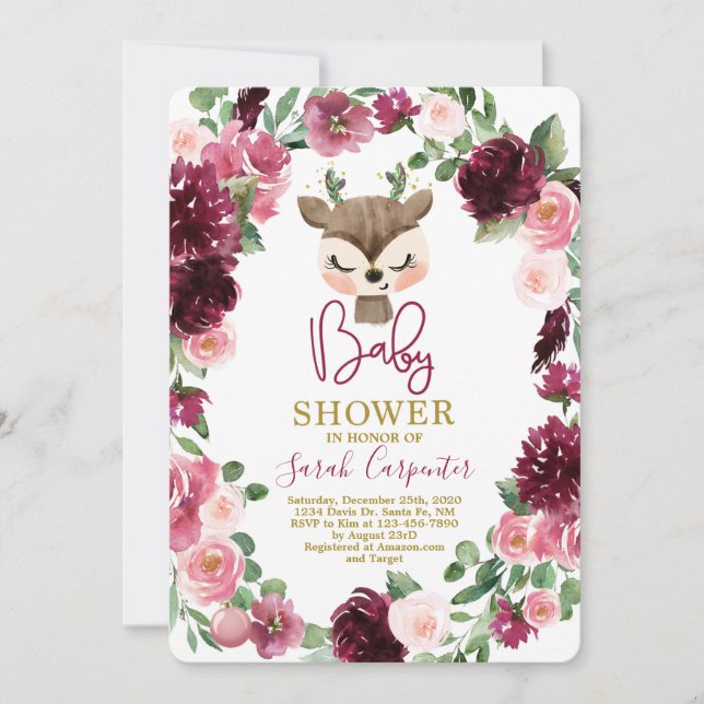 Invitation Noël d'hiver fille baby shower cerf mignonne (Devant)