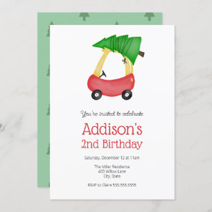 Invitation Noël d'hiver Petite voiture rouge avec arbre Anniv
