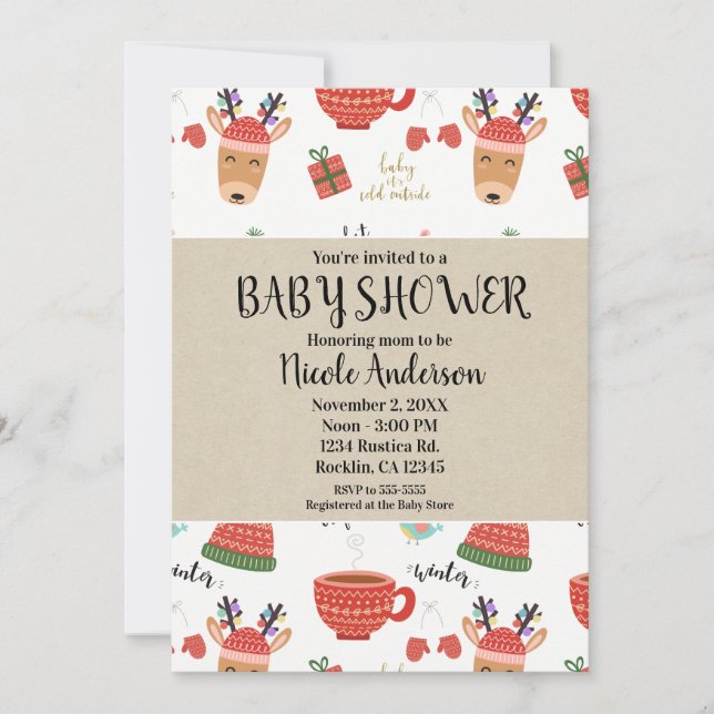 Invitation Noël d'hiver Rustique Kraft Fête de bébé de vacanc (Devant)