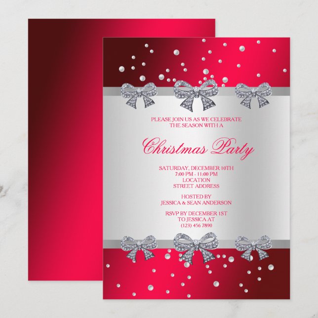 Invitation Noël Diamond Bows & Silver Pearls (Devant / Derrière)