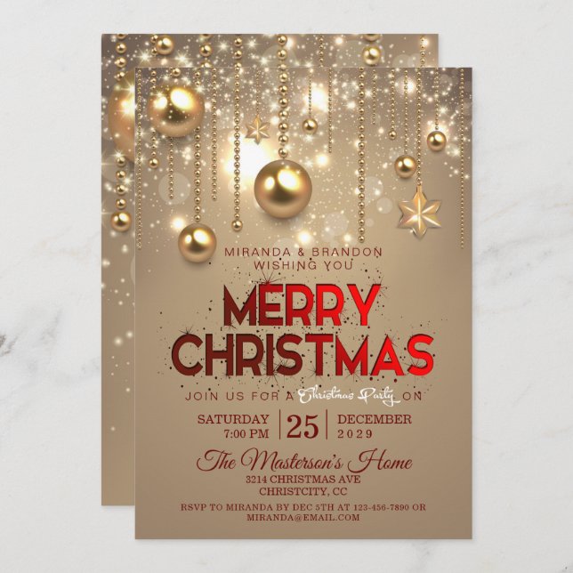 Invitation Noël d'or Baubles & Etoiles Noël (Devant / Derrière)