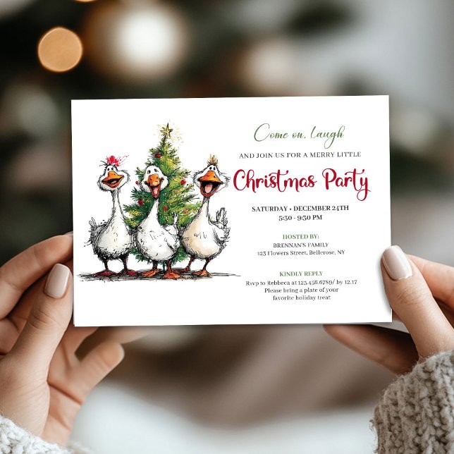 Invitation Noël drôle Canard Fantaisiste Fête  (Cute quirky goose Christmas party invitation with playful humor and whimsical cartoon artwork)