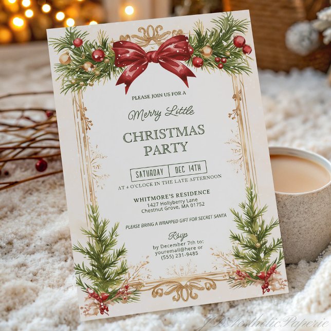 Invitation Noël Élégant Ruban Rouge et Or  (Créateur téléchargé)