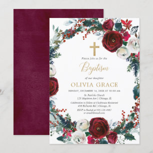 Invitation Noël élégante bordeaux or fille baptême