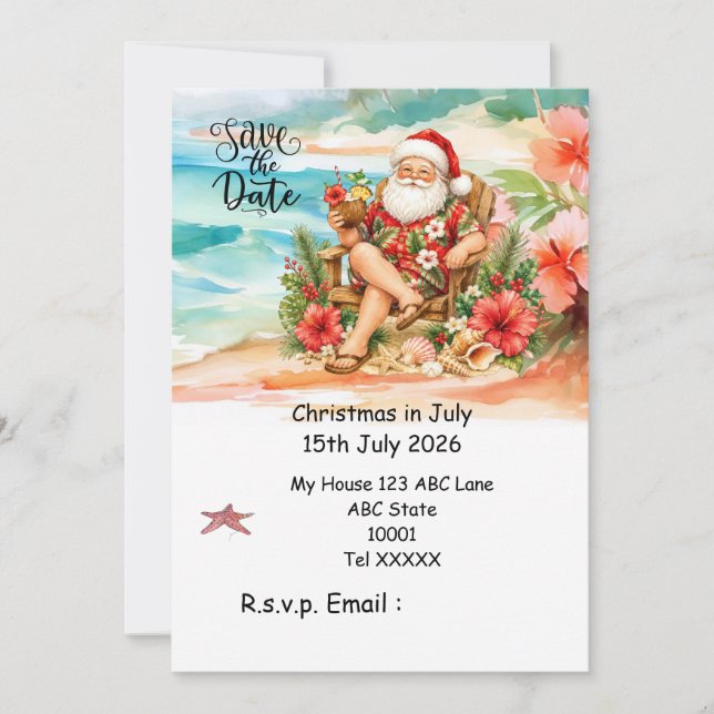 Invitation Noël en juillet avec PÈRE NOËL Sauvegarder la date (Devant)