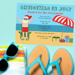Invitation Noël en juillet Été Fête de la plage de Santa Clau<br><div class="desc">Ce joli dessin de Noël en juillet fait une invitation parfaite pour une fête estivale pour un bain de plage ou un rassemblement de piscine. Faites-en une extravagance amusante sur le thème du pôle nord avec le Père Noël dans ses maillots de bain à côté d'un parapluie de plage rayé...</div>