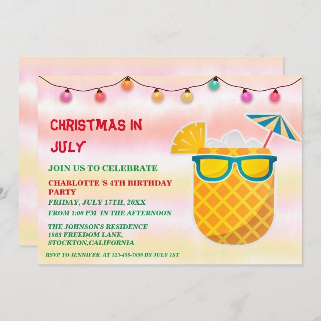 Invitation Noël En Juillet Fête D'Anniversaire  (Devant / Derrière)