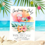 Invitation Noël En Juillet Tropical Beach Summer Party<br><div class="desc">Thème tropical L'invitation Noël en juillet comprend un coucher de soleil sur la plage aquarelle, des cocktails, des fleurs d'hibiscus et des feuilles de palmiers avec une légende "Noël en juillet" en lettres manuscrites. Idéal pour les réunions d'été en famille, les réunions, les fêtes de fin d'année ou retardées, etc....</div>