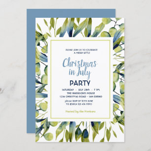 Invitation  Noël en juillet Vert Bleu Feuille Moderne 