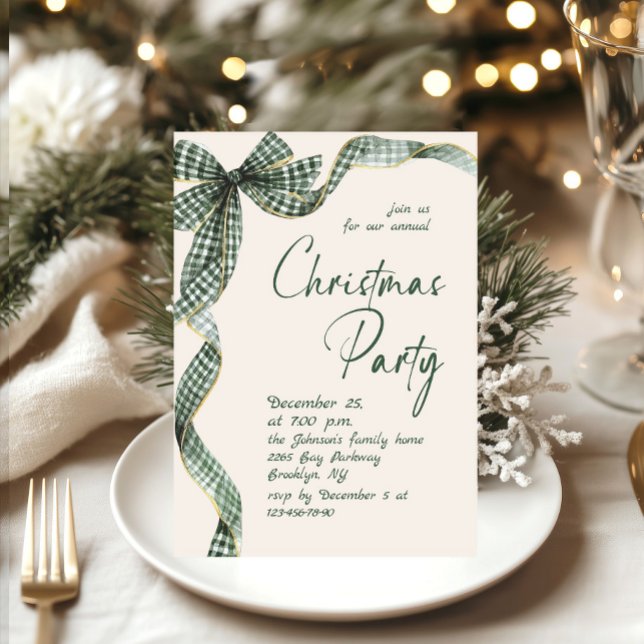 Invitation Noël Fantaisiste Vert Bow Party de Fêtes (Créateur téléchargé)
