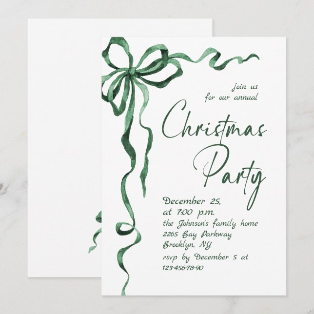 Invitation Noël Fantaisiste Vert Bow Party de Fêtes (Devant / Derrière)