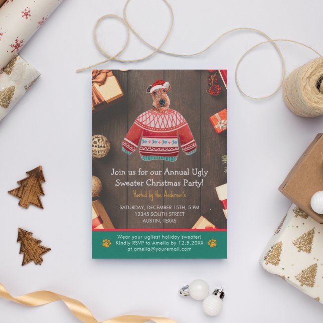 Invitation Noël Fête Airedale Chien Sweater Moche Party (Front)