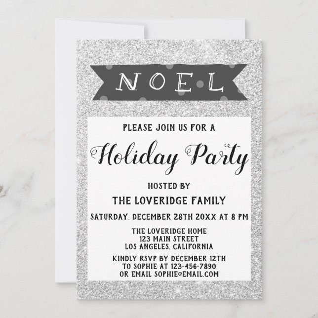 Invitation Noel Fête de Noël Grise Paillettes Argentées (Devant)