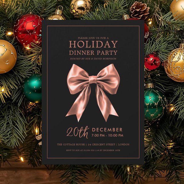 Invitation Noël Fête de Repas de Vacances Rose Or Satin Nœud  (Xmas Holiday Dinner Party Rose Gold Satin Bow Blac Invitation)