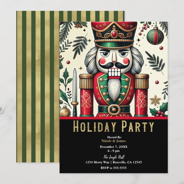 Invitation Noël Fête de vacances Casse-noisette Rouge Or Vert (Devant / Derrière)