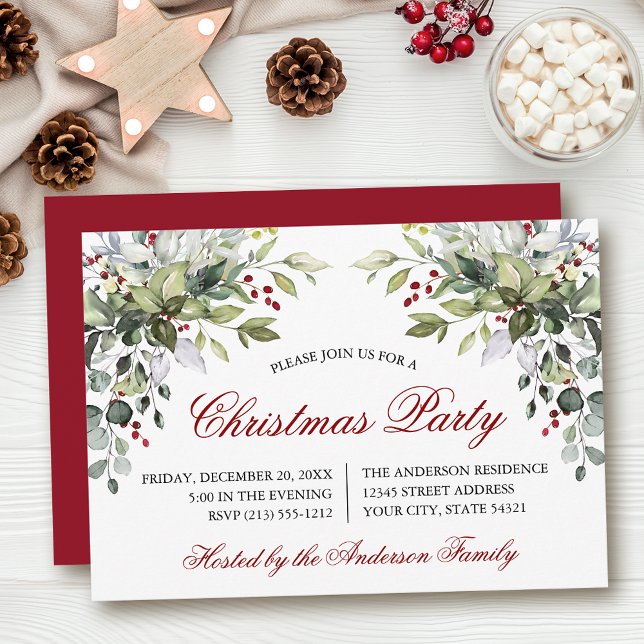 Invitation Noël Fête de verdure à l'aquarelle Rouge (Customize to change text size, color, style or to change color of back of card.)