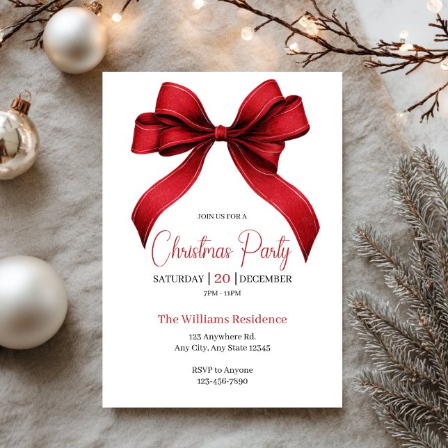 Invitation Noël Fête Élégante Ruban Rouge (Créateur téléchargé)