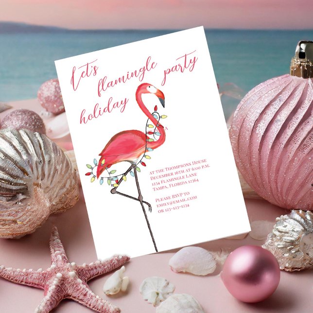 Invitation Noël Fête Flamant rose rose mignon (Let's Flamingle holiday invitation with a watercolor pink flamingo)