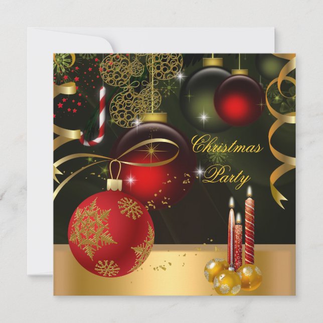 Invitation Noël Fête Gold Red Xmas Balls (Devant)