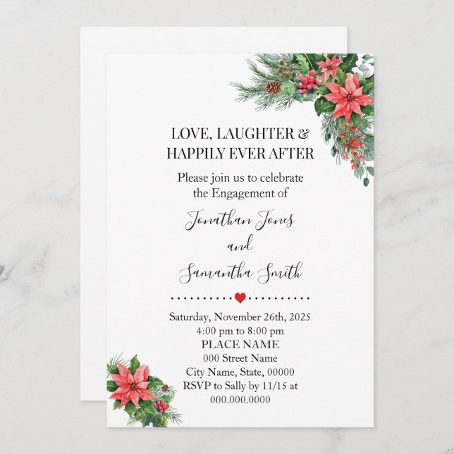 Invitation Noël Fête Poinsettia Fiançailles Mariage (Devant / Derrière)