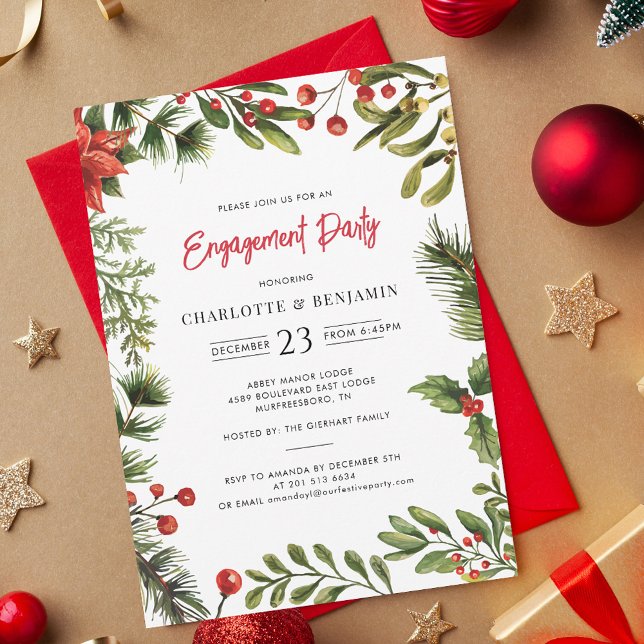 Invitation Noël Fête Red Berries (Christmas Engagement Red Berries Greenery Party Invitation)