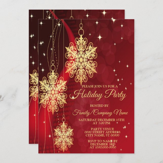 Invitation Noël Fête Rouge Golden Snowflics (Devant / Derrière)