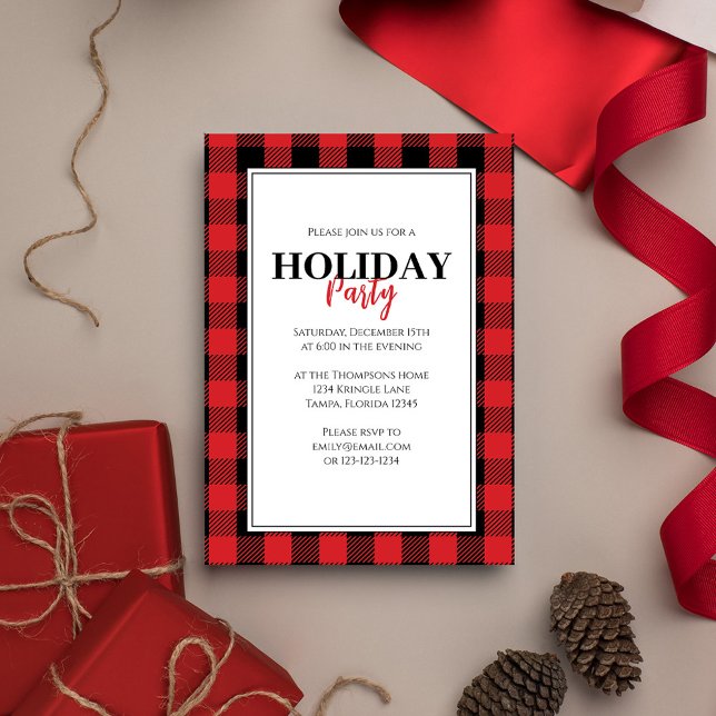 Invitation Noël Fête Russe Rouge Buffalo Plaid (Holiday red and black buffalo check patterned invitation.)