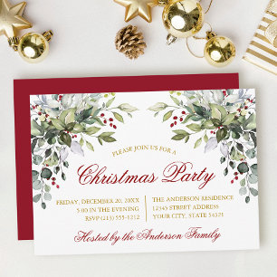 Invitation Noël Fleurs Vertes Aquarelle Rouge Or