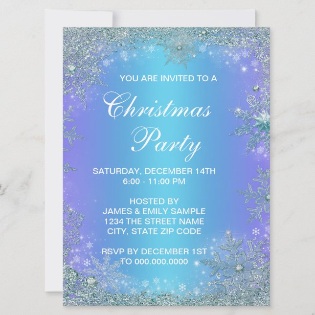 Invitation Noël Flocon de Neige Bleu Sarcelle Violet Lavande (Devant)