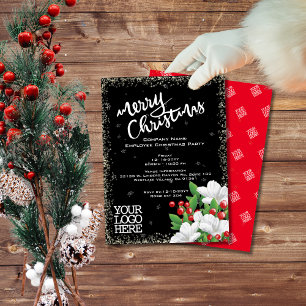 Invitation Noël Floral Noir Élégant  Baies de neige Blanche