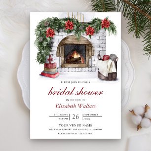 Invitation Noël Foyer Poinsettia Rouge Baptême de Mariée