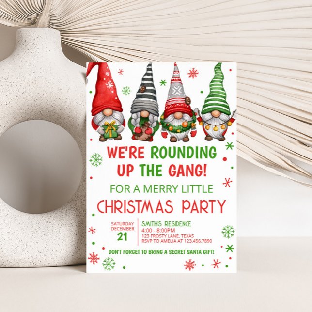 Invitation Noël Gnomes Fun Noël Fun (We're Rounding Up the Gang Christmas Gnomes Christmas Party Invitation)