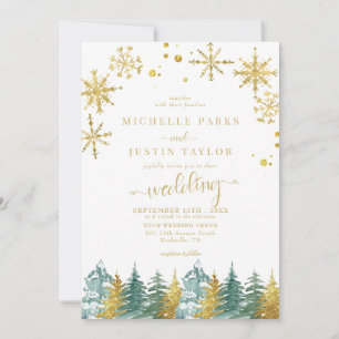 Invitation Noël Gold Green Bois Pins Mariage I