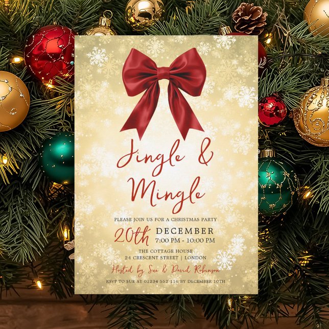 Invitation Noël Gold Red Jingle Mingle Fête Arc & Neige  (Gold Red Jingle Mingle Christmas Party Bow & Snow Invitation)